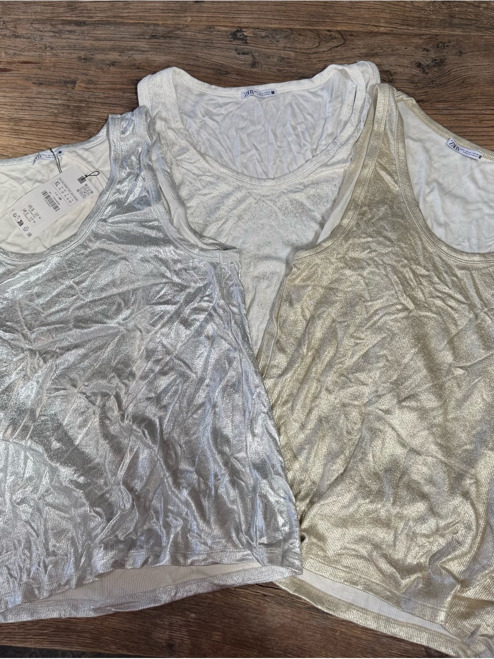 Zara 3 Metallic Tank Tops in Silver, White & Gold